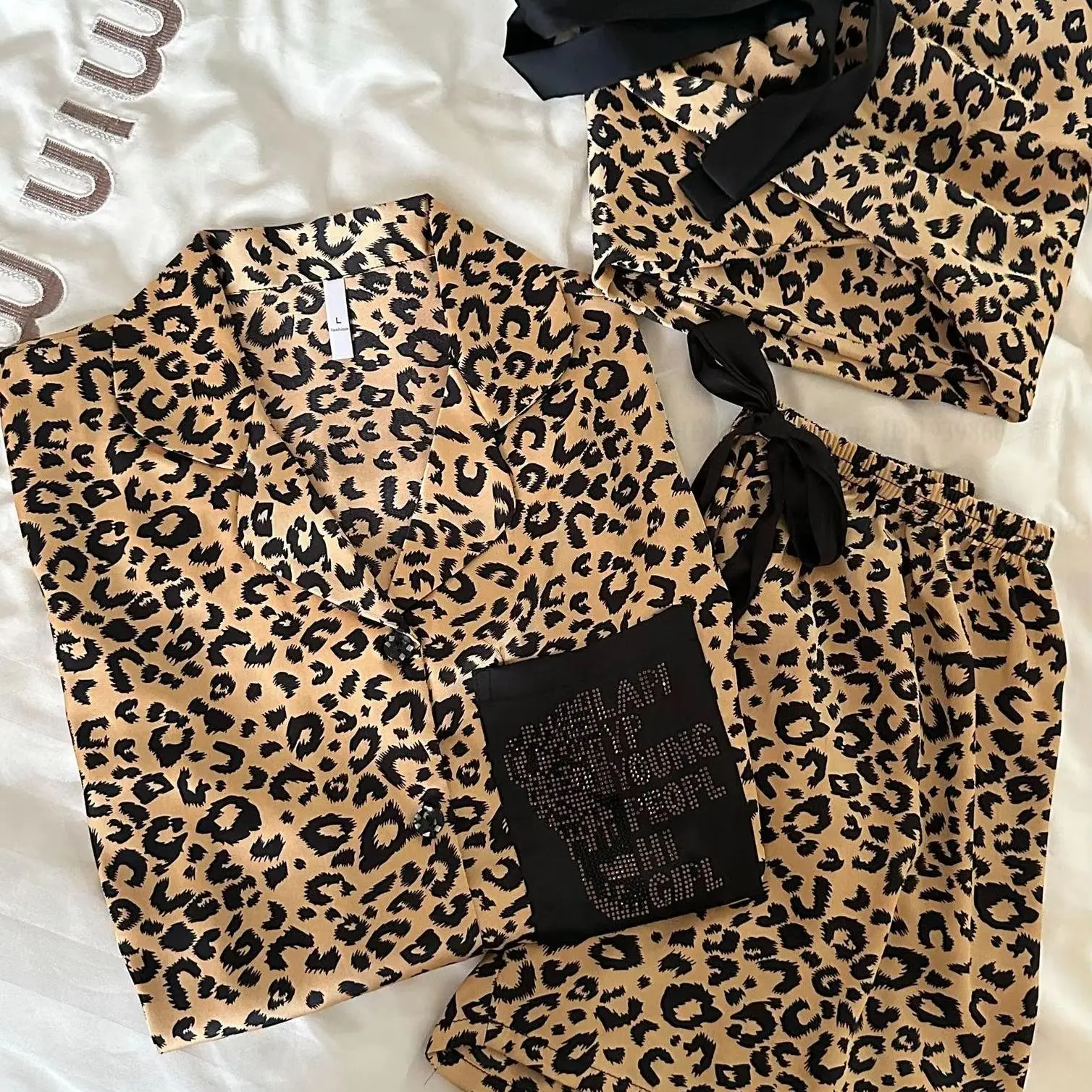 

New Leopard 3Pcs Pajamas Set Women Sleepwear Home Clothing Spring Summer Ice Silk Nightwear Pijamas Suit Loose Casual Loungewear
