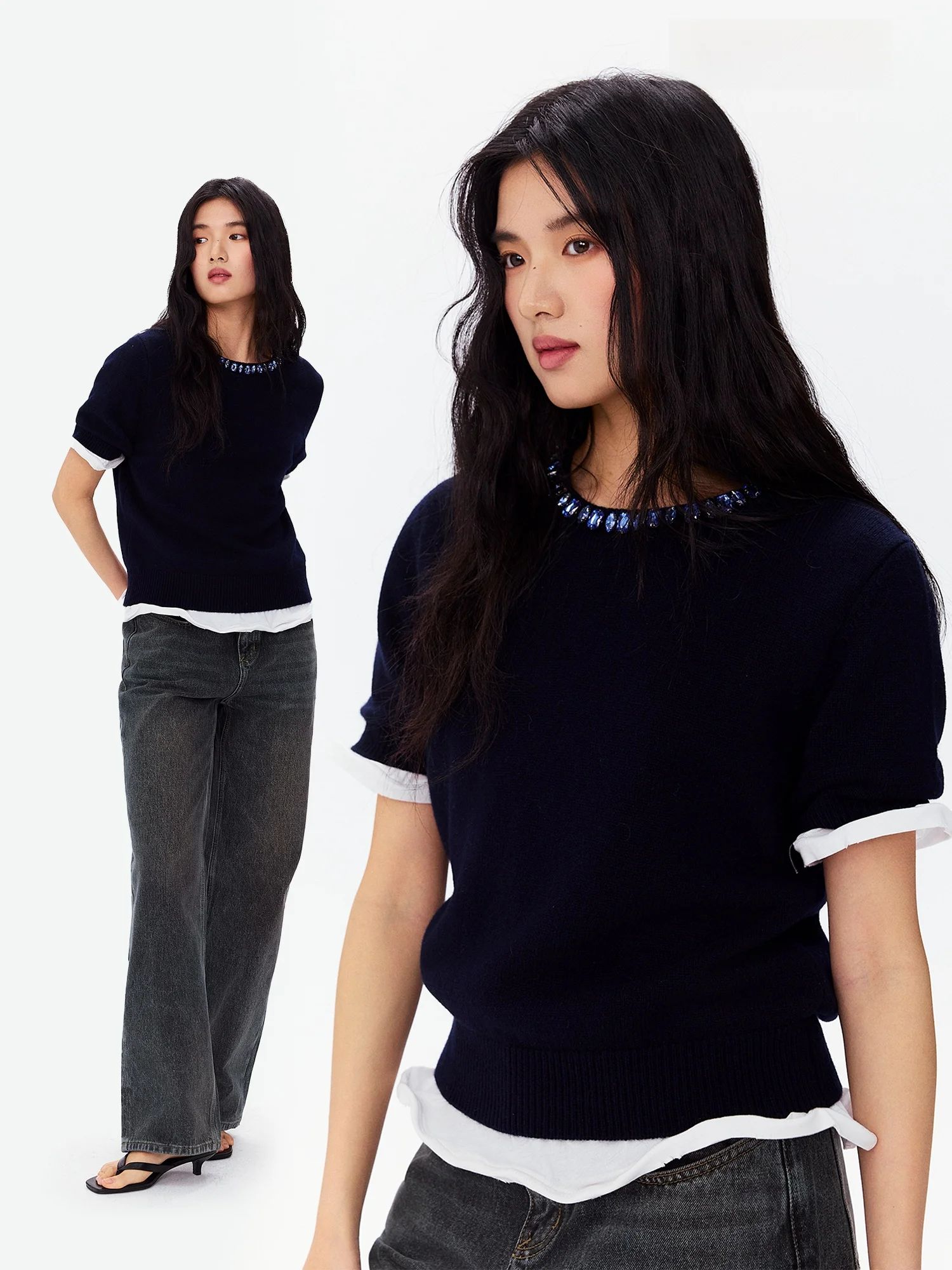 

LUMIEN 100 Wool Sapphire Embedded Diamond Short Sleeve round Neck Knitted Sweater Women's Spring New Design Base Shirt