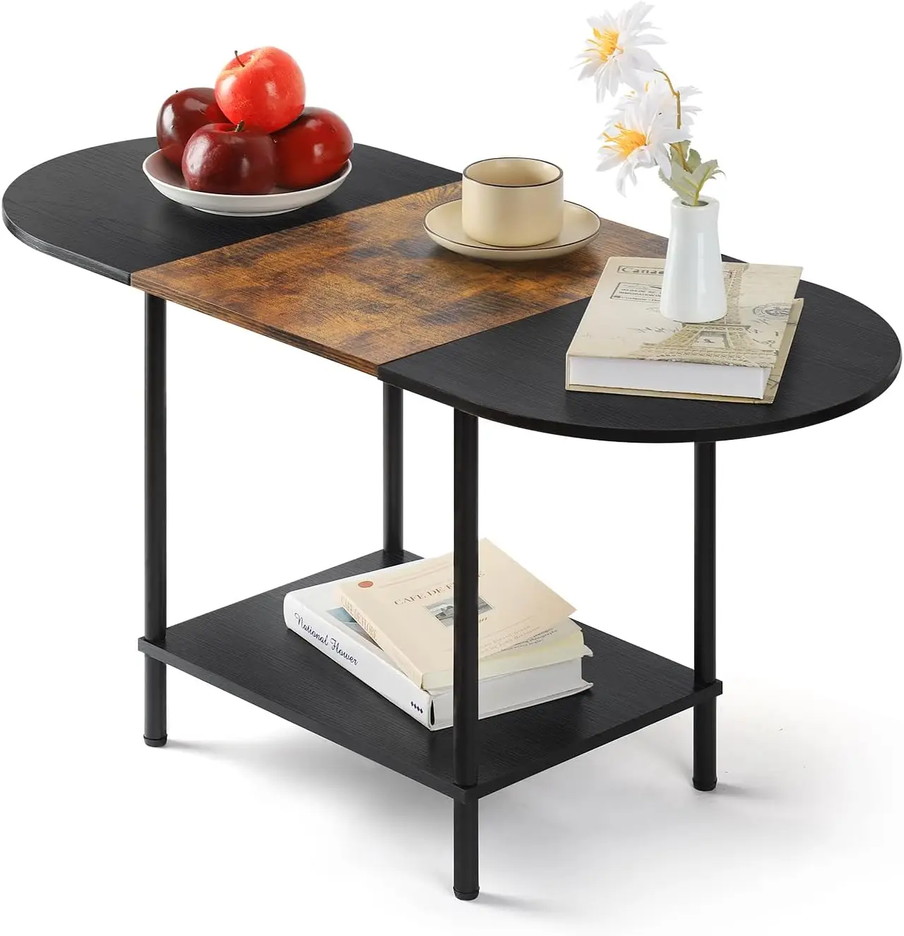 2-Tier Small Oval Coffee Table Industrial Modern Style - Wood Tabletop with Storage Shelf