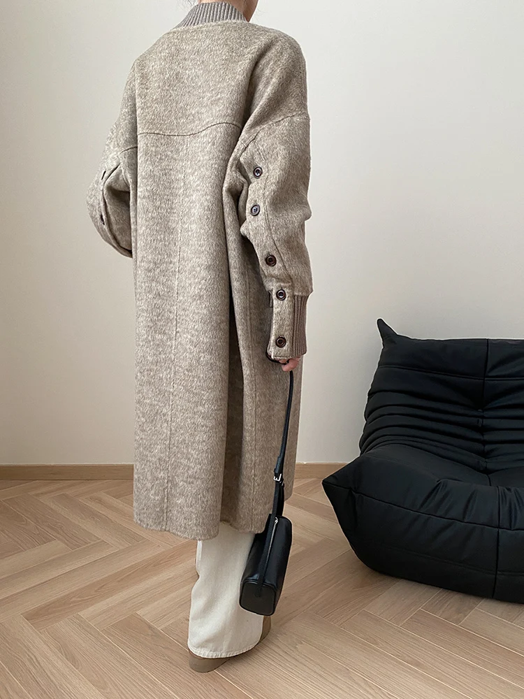 [EAM] Camel 68.5% Wool Big Size  Woolen Coat New Stand Collar Long Sleeve Women Jacket Fashion Tide Autumn Winter 2024 1DH7554