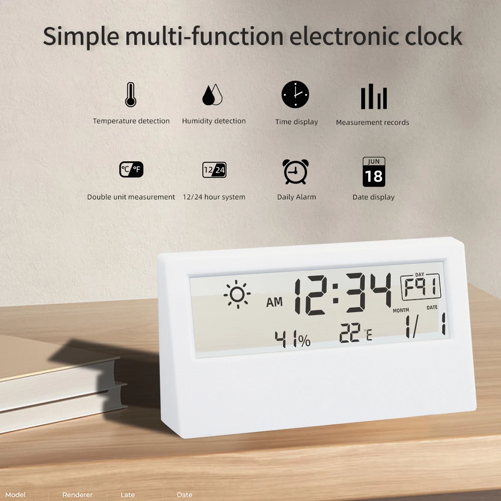 LED Electronic Desk Clock Automatic Digital Temperature and Humidity Meter Weather Station for Home Office Travel Mini Clock