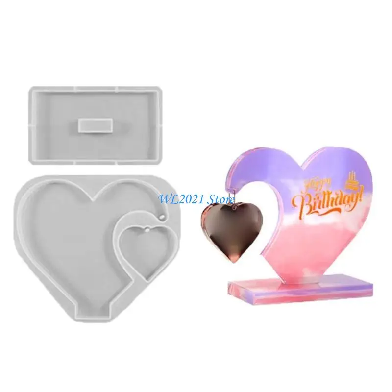 G5GC Double Heart Photo Frame Silicone Mold with Base Bracket Epoxy Resin Jewelry Tool Making Diy Craft Home Decorations