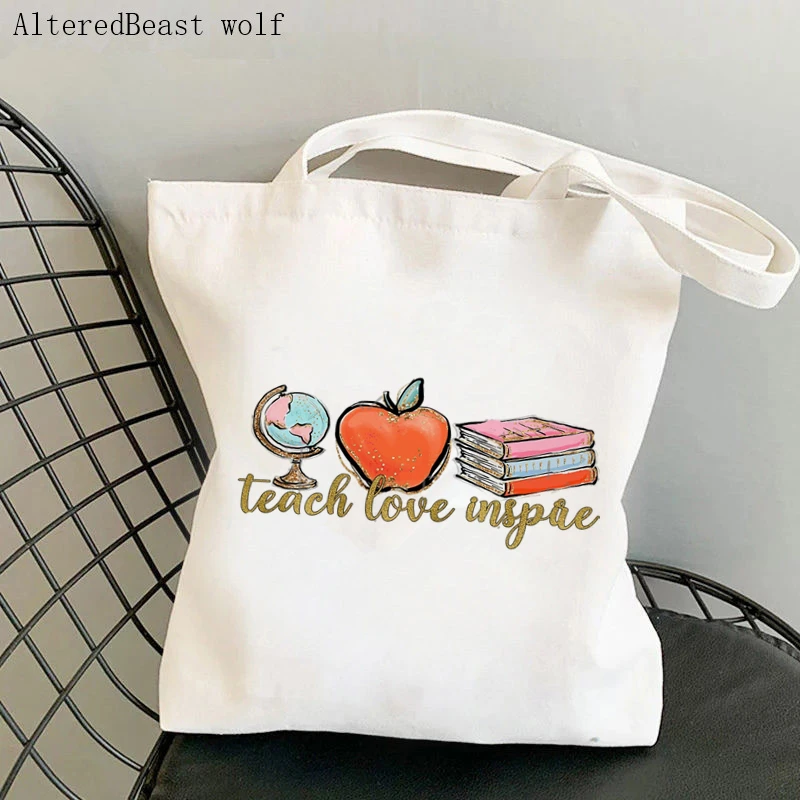 Teacher supplies Shopper bag Teach Peace green Inspire apple Bag Harajuku Canvas Shopper Bag girl handbag Shoulder Lady gift Bag