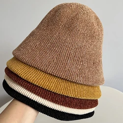 Knitted Bucket Fisherman Cap Solid Color Thicken Warm Cotton Panama Caps Fashion Autumn Winter Women Girls Foldable Bucket Hats