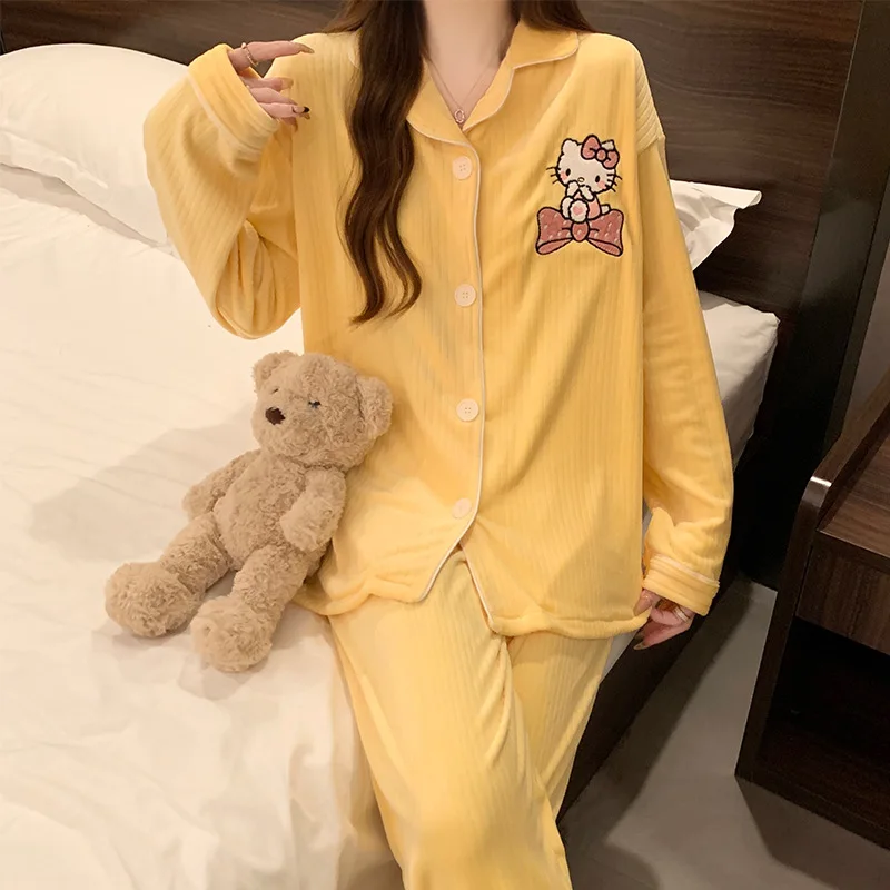 Sanrio Hello Kitty Yellow Island Fleece Pajamas Women's Autumn and Winter Thin Fleece Long Sleeve New Cartoon Warm Homewear Set