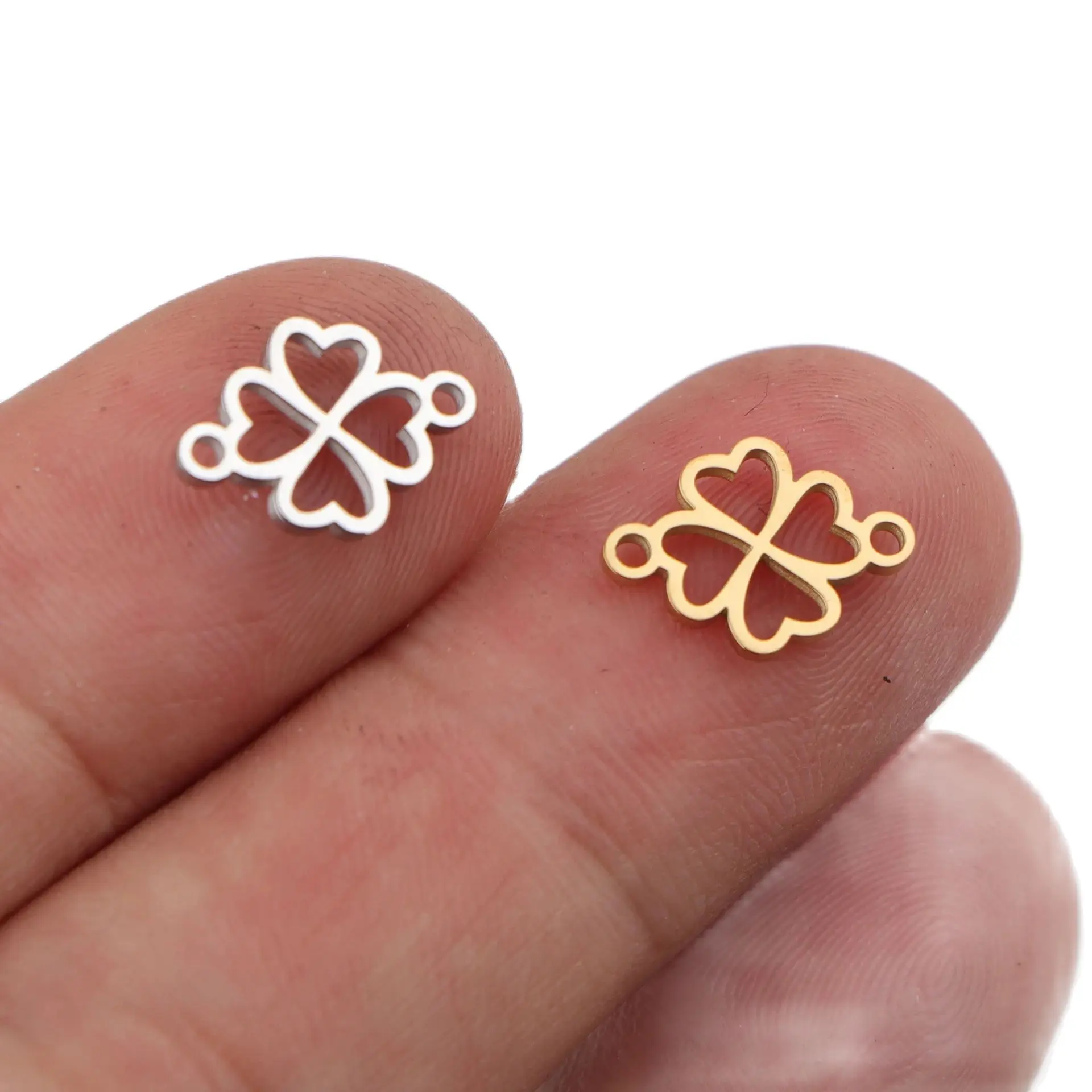 5pcs/lot 8.5*12.5mm Stainless Steel Leaf Clover Charm Mirror Polished Lucky Flower Connector Pendant for DIY Jewelry Making