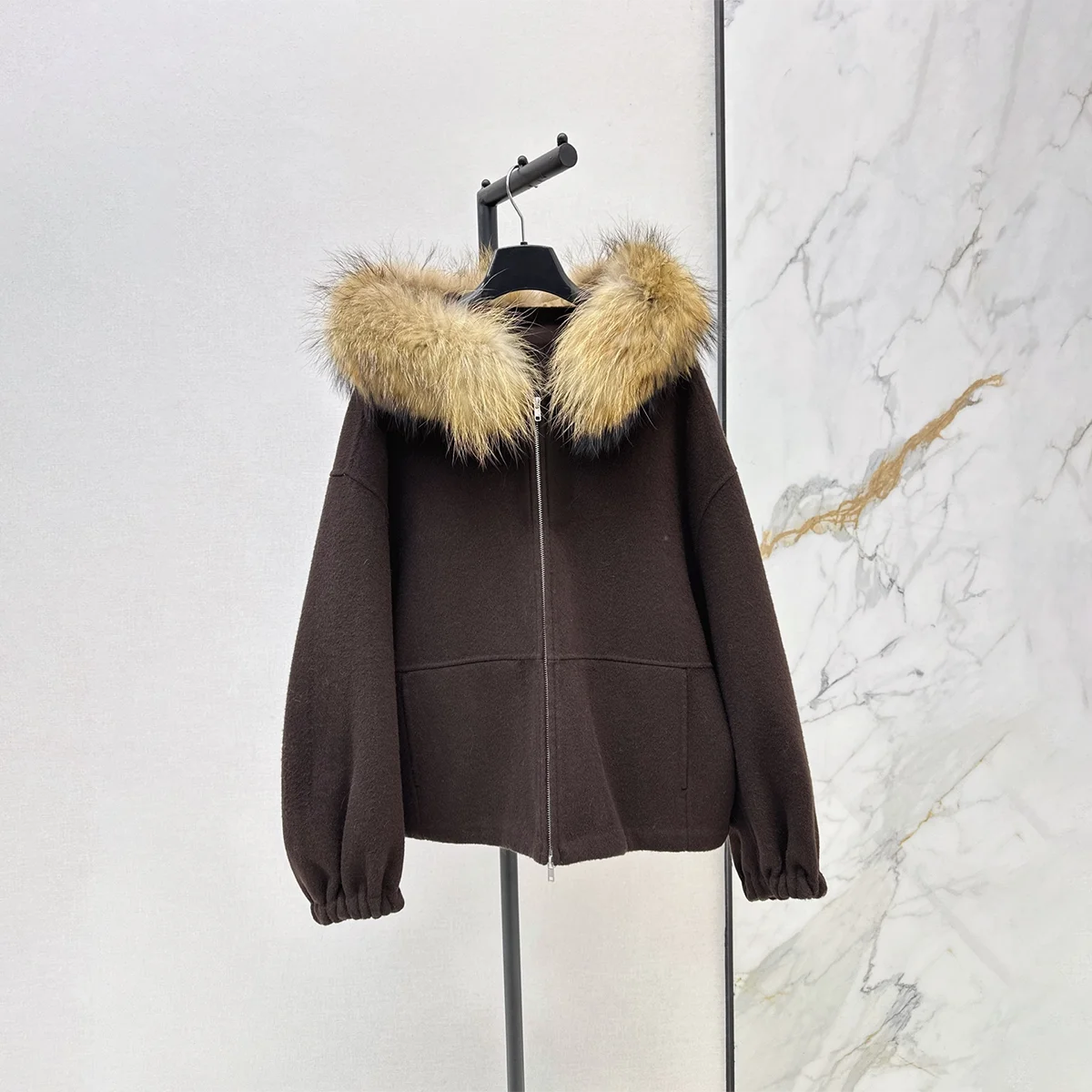 2026 Women Hooded Faux Fur Collar Double Faced Wool Short Coat Zip Jacket261021126