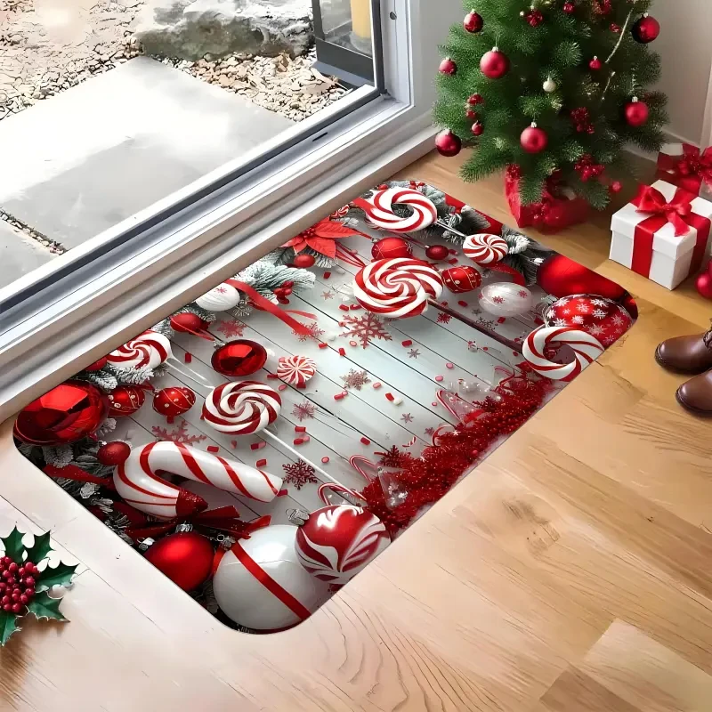 Red And White Candy Crutches With Gingerbread Christmas Doormat Soft Plush Front Door Kitchen Living Room Holiday Home Rug