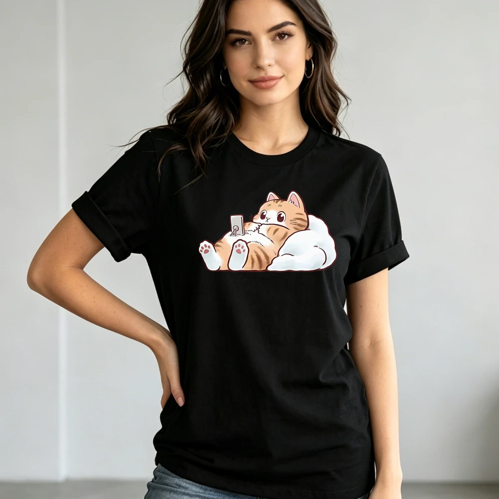 Relaxed Atmosphere, Soft and Breathable Cute Print Design Short-sleeved Summer T-shirt Cat Lover's T-shirt