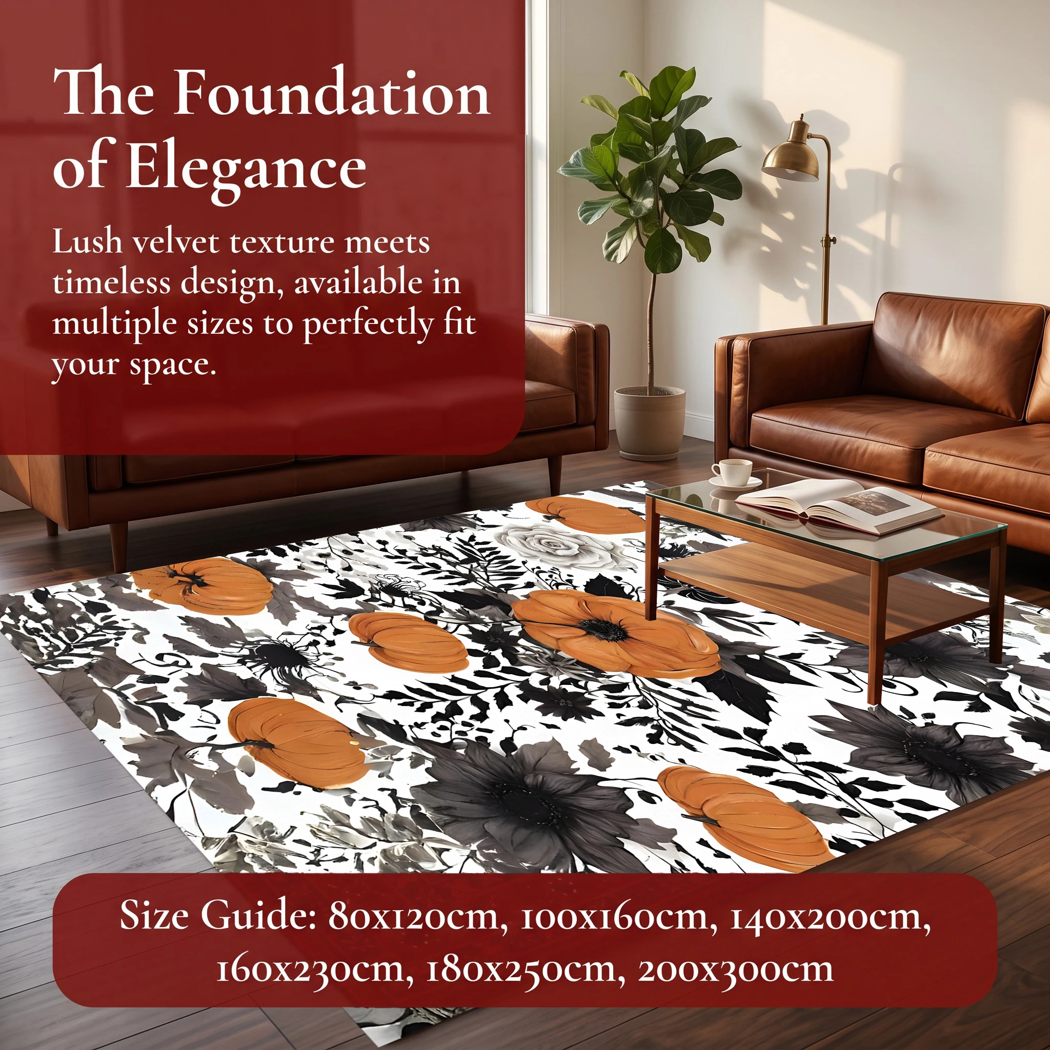 Retro Ink-Wash Floral Pumpkin Print Velvet Rug, Suitable for Living Room, Bedroom, and Entryway, Easily Creates a Warm Autumn Harvest Atmosphere