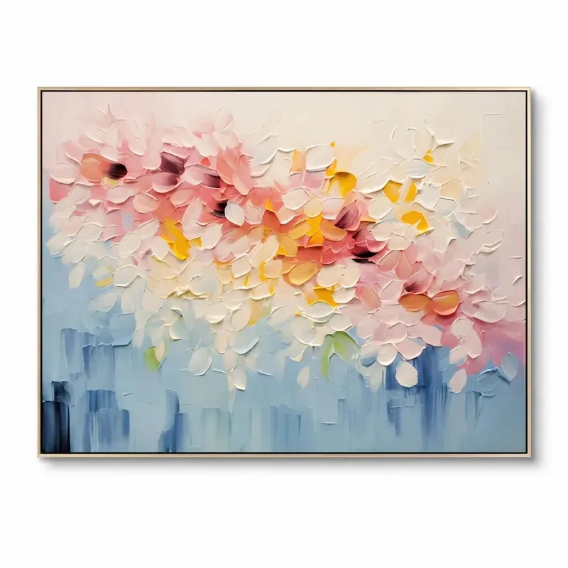 80X60 cm overall hand-painted oil painting framed pink and white thick painting flower mural suitable for living room