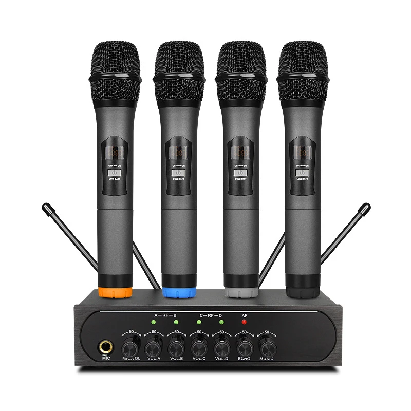 Adjustable Four-Channel Wireless Microphone SystemUHF Metal Handheld Wireless Microphones Cordless Mics Professional for Karaoke