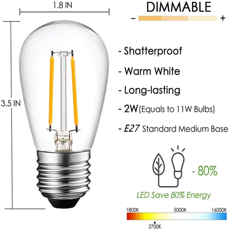 سلسلة الطاقة الشمسية ضوء لمبة استبدال التيار المتناوب 220 فولت 110 فولت شاتيربروف LED لمبات S14 E27 1 واط 2 واط اديسون مصباح بفتيل لمبات 2700 كيلو #2