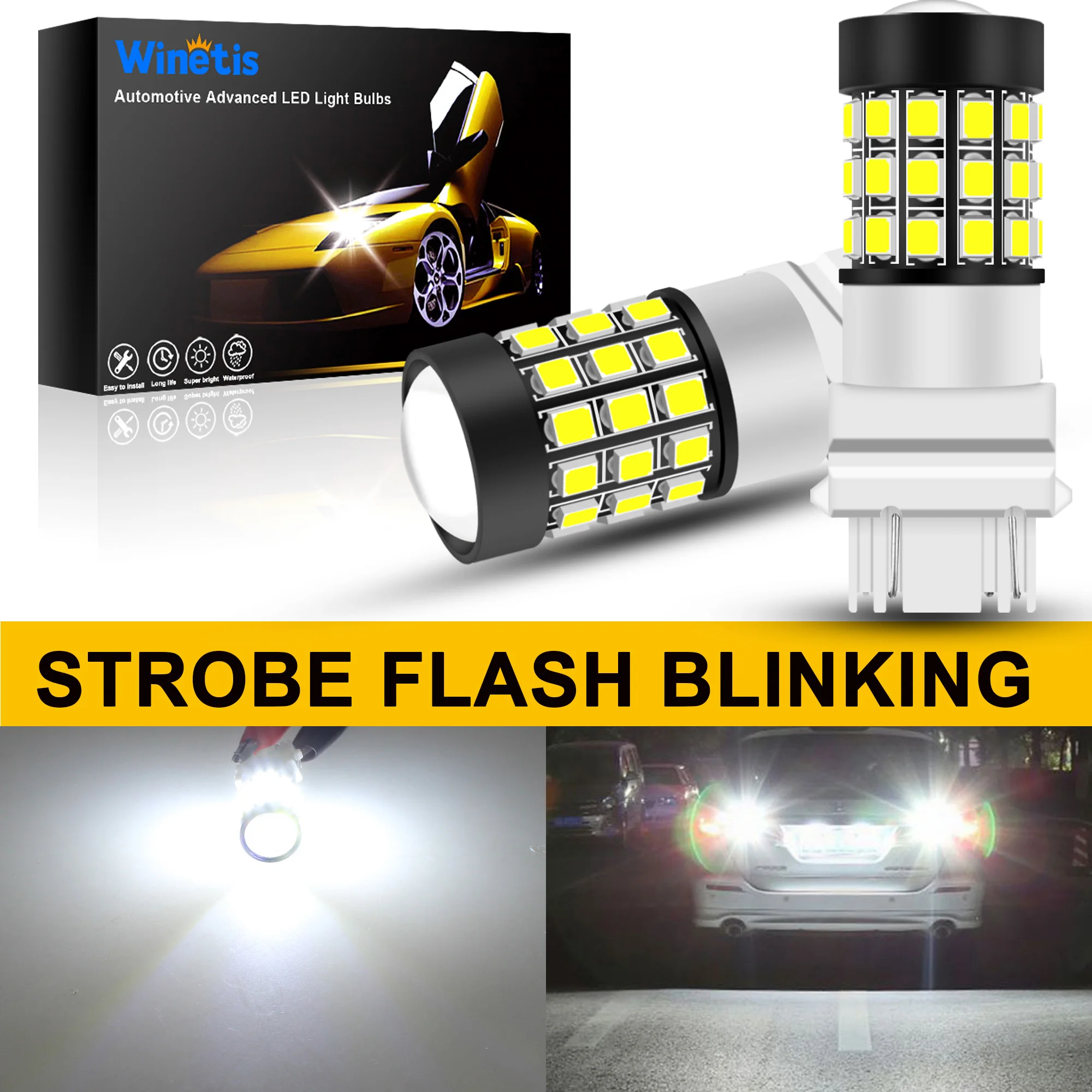 Winetis 2X T25 3157 3156 Strobe Reverse Light LED Bulbs 6000K White Bright Flashing Back-up Lamp 2835 39-SMD 3056 4057 3457 3057