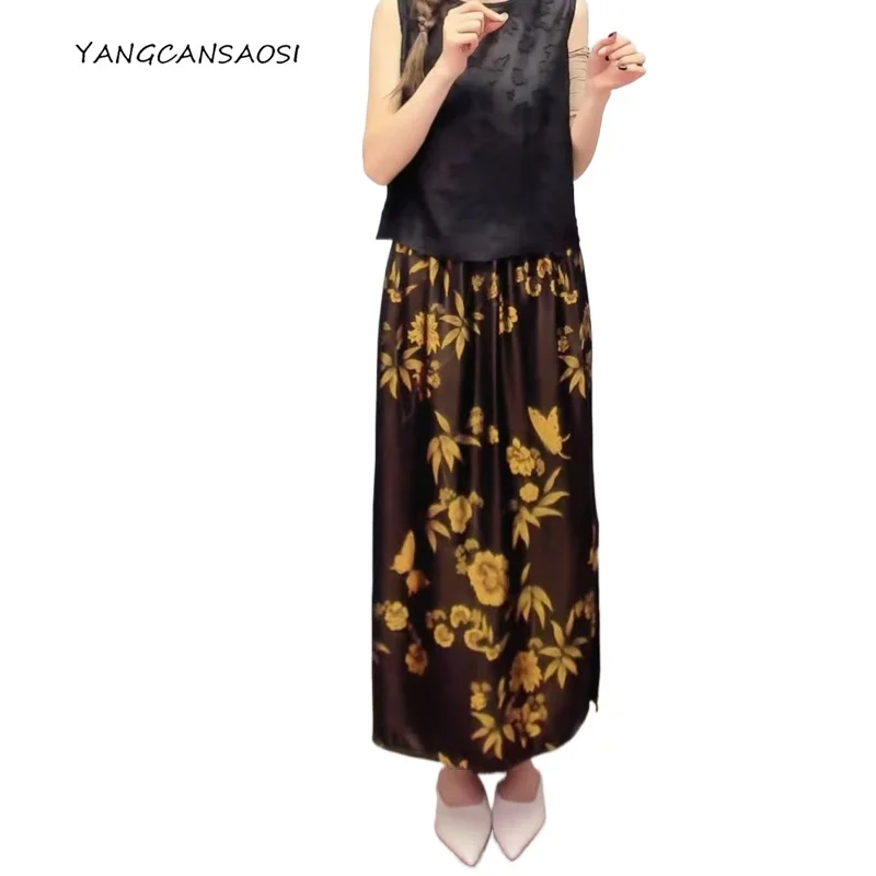 

2025 Women's Autumn Clothing 35% Natural Mulberry Silk Black Gold Butterfly Loves Flower Gloss Elastic Waist Fork Bucket Skirt