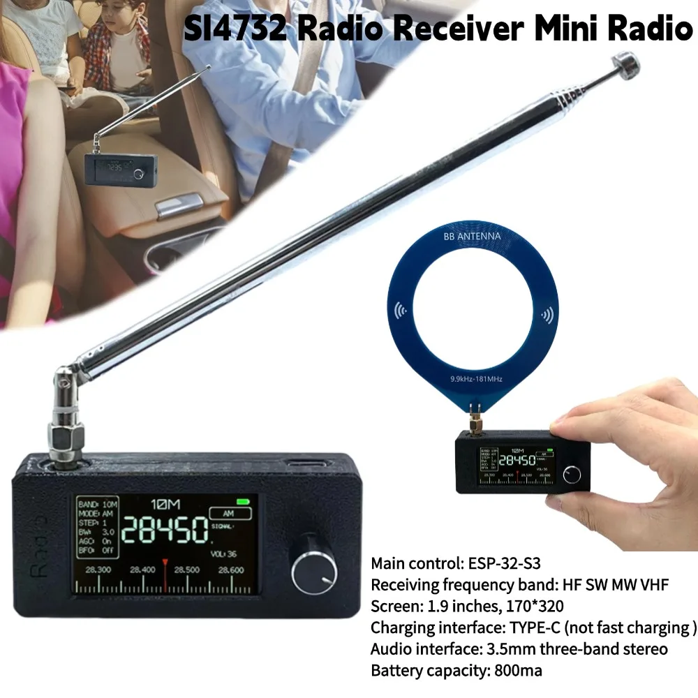 SI4732 0.5-108mhz Portable Radio LSB USB AM FM Pocket Mini Radio 1.9inch IPS Screen All Band Radio Receiver HF SW MW VHF Radio