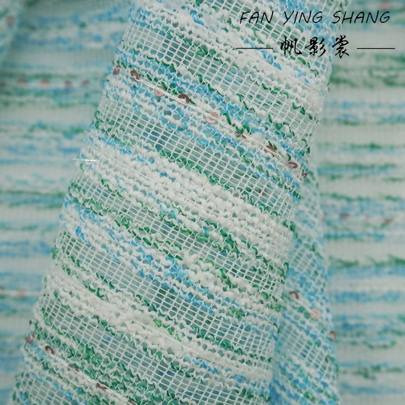 Green Sky Blue White Sequin Tweed Fabric For Coat Dress Telas Para Costura Tissus Couture ткань Cloth Material Sewing Cloth view 5