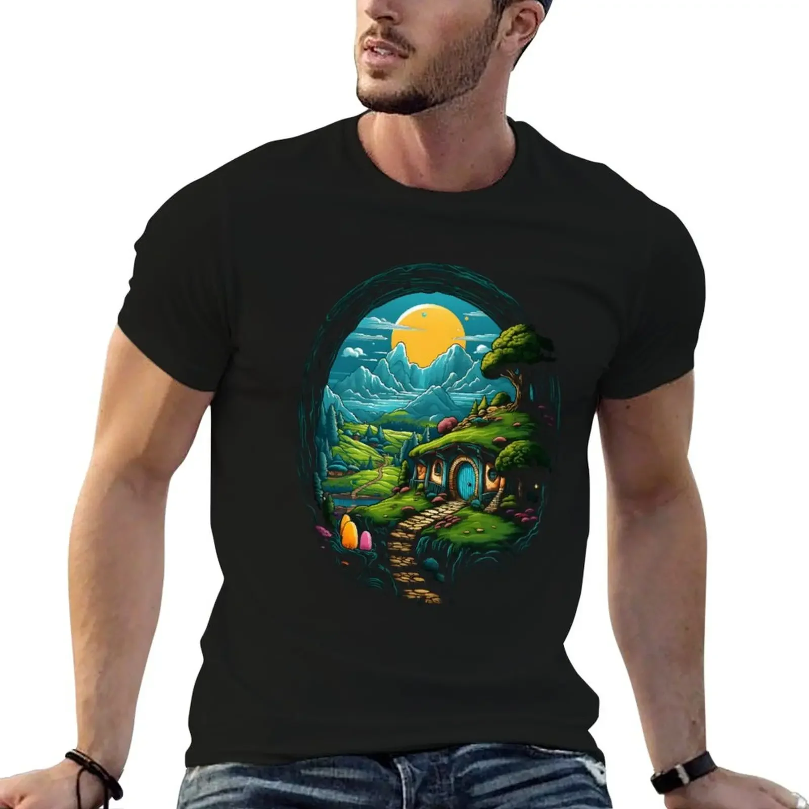 Halfling Home - Cartoon Style - Fantasy T-Shirt Aesthetic clothing summer top oversized t shirts for men