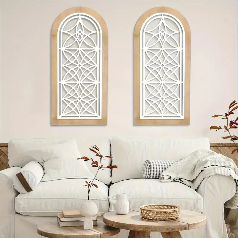 2 قطعة جدار الفن الخشبي خمر مزرعة قوس جدار المنحوتات ، لوحات شبه دائرية ذاتية اللصق لغرفة المعيشة وديكور المكتب