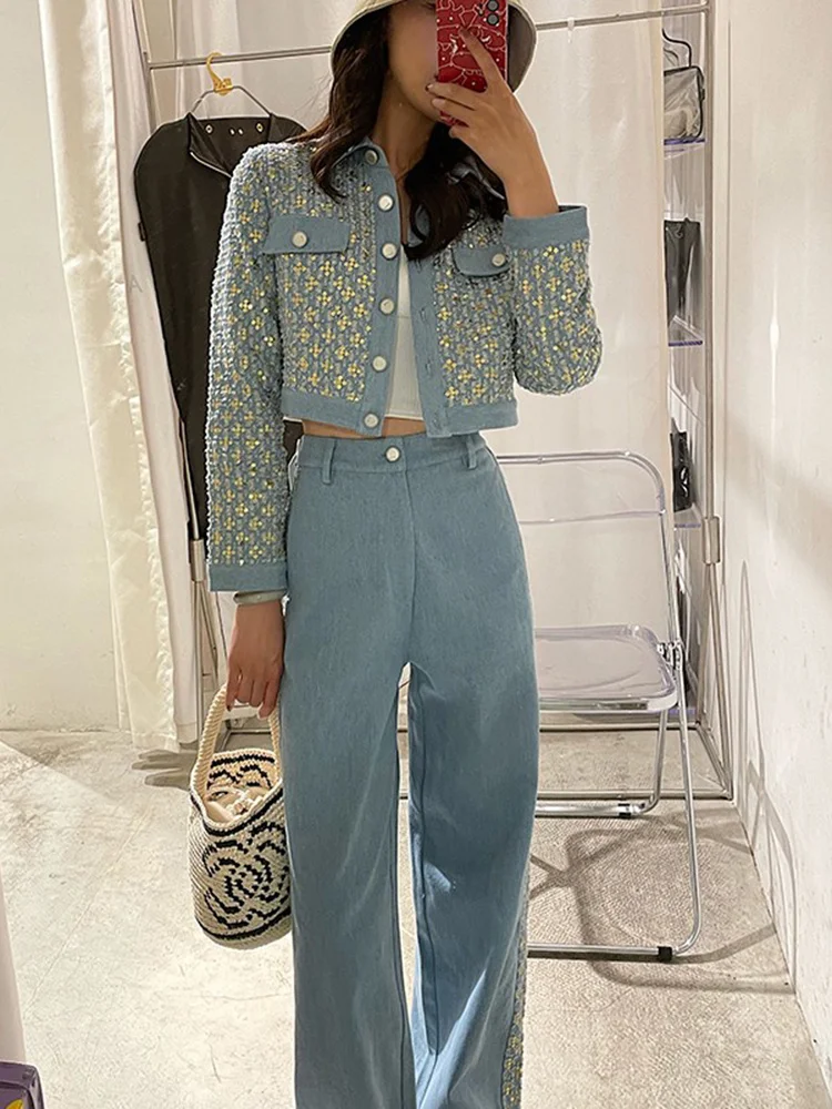 2024 Korean Pant Set Shiny Sequins Jean Coat Women Vintage Frayed Denim Jackets + Patchwork Wide Leg Pant 2 Piece S