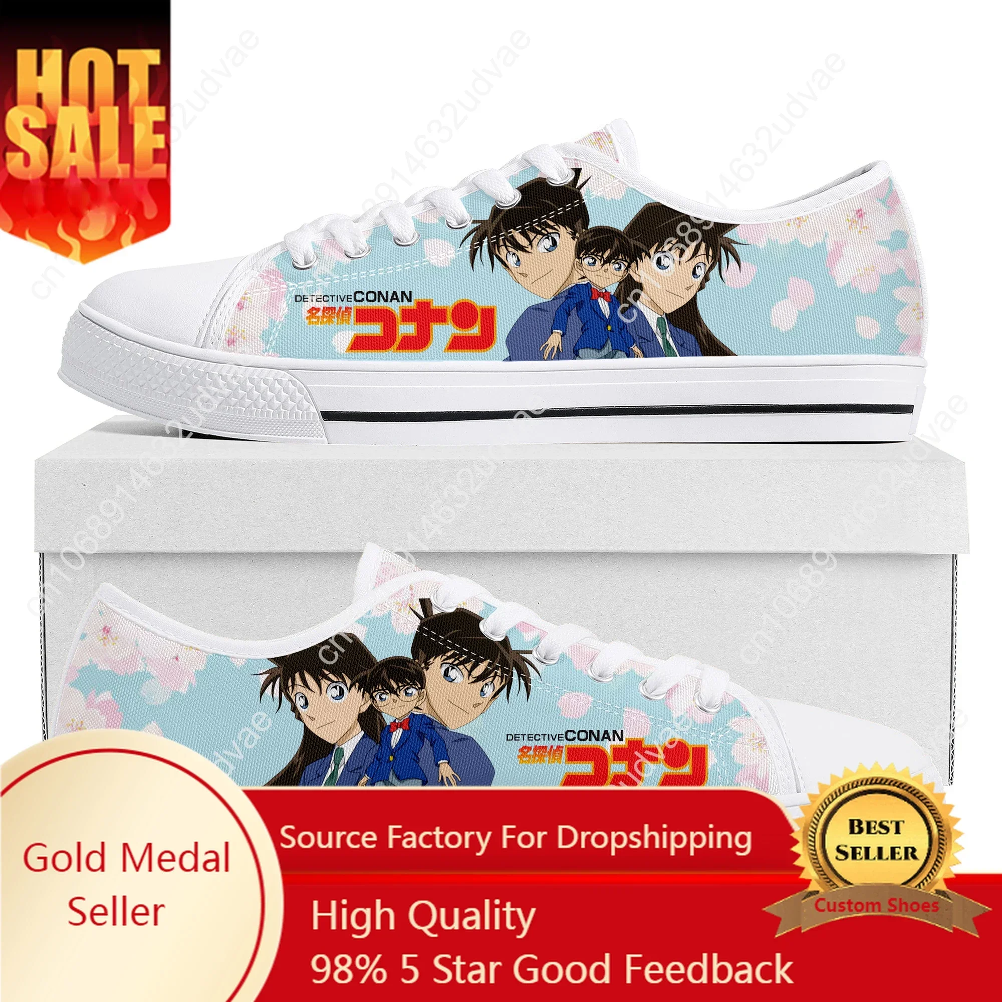 Detective Conan-Low Top Canvas Sneakers para homens e mulheres, sapatos brancos casuais, sapatos personalizados para casais adolescentes, desenhos animados, alta qualidade