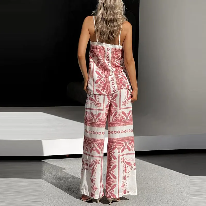 

Women Fashion Loose Bohemian Outfit Summer Hollow Out Sling Top with Pants Beach Suit 2025 Casual Pattern Print Sleeveless Set