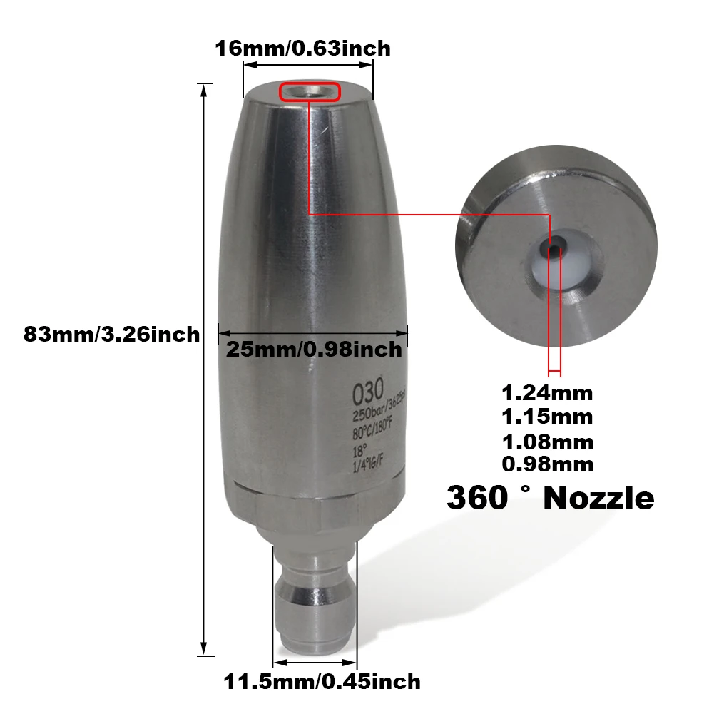 Boquilla giratoria G1/4 pistola de agua de acero inoxidable, boquilla de 360 °, 1,24/1,15/1,08/0,98mm, pistola de agua de alta presión para lavado