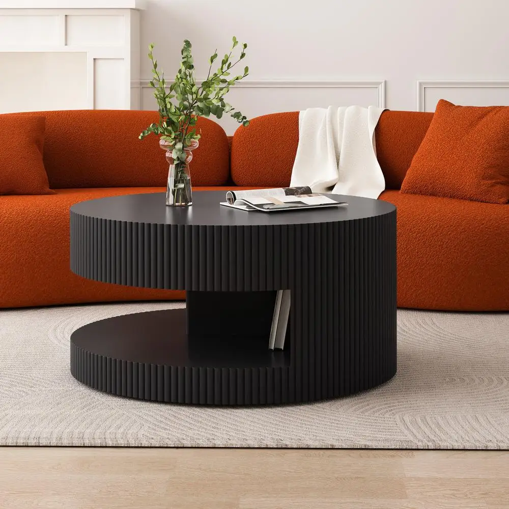 

31.5 Inch Round Coffee Table Modern Center Table with Storage Vertical Stripe Design Black MDF Wood