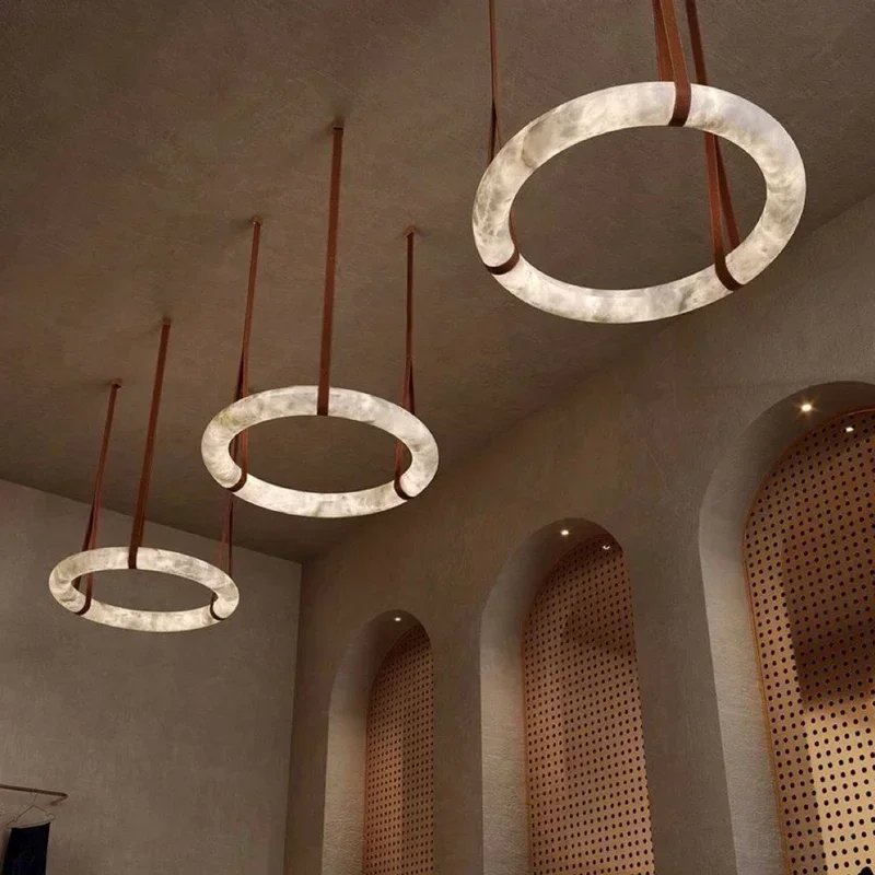 Lampada a sospensione in pelle di design nordico anello in marmo di lusso illuminazione a sospensione a LED per Villa soggiorno Foyer lampada a