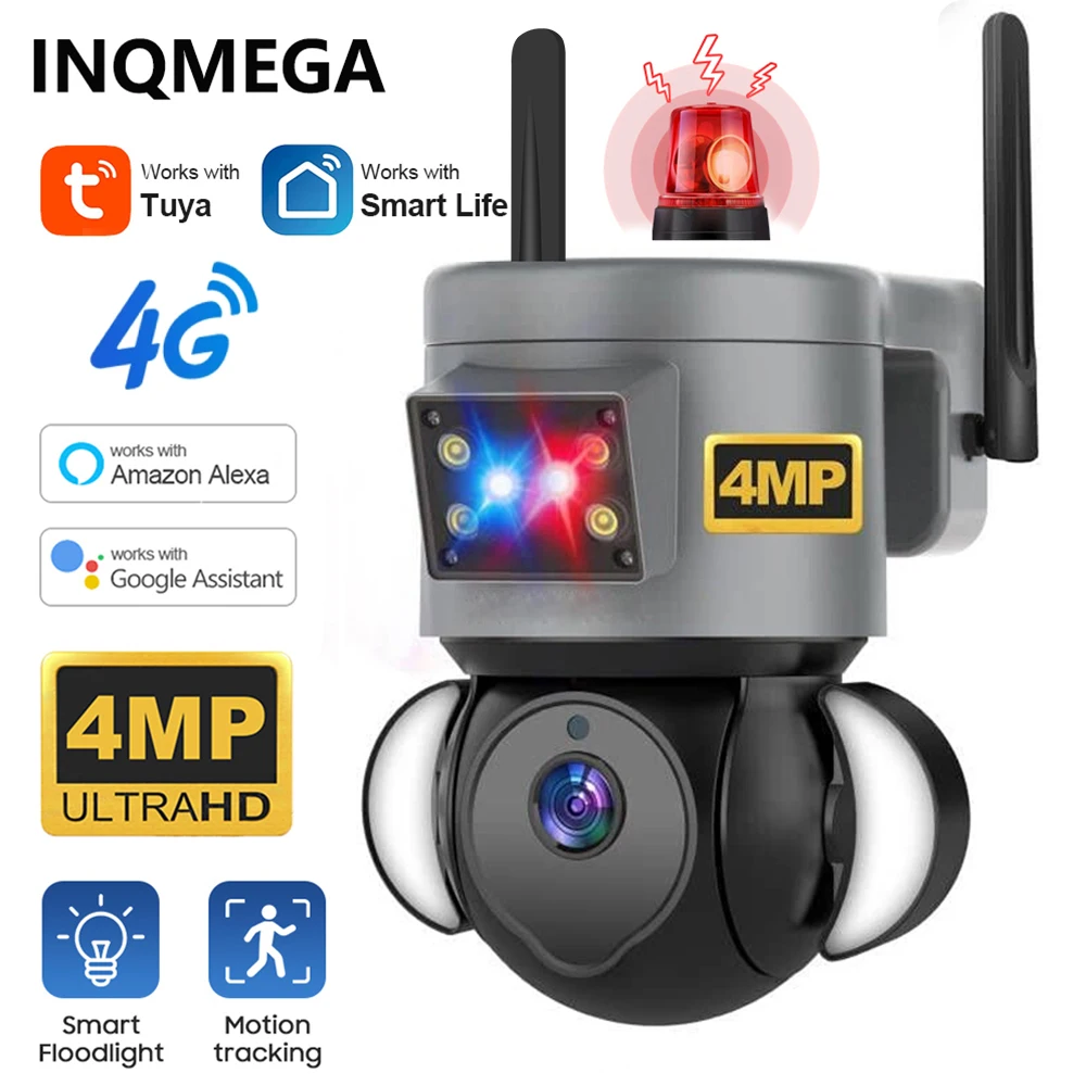 INQMEGA 4MP 4G TUYA Security Camera Outdoor Surveillance Camera with Light Alarm Auto Tracking Color Night Vision Alexa/Google