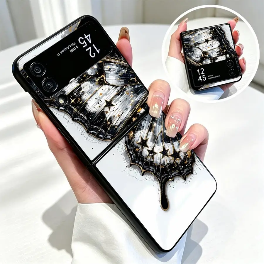 Vintage Black Butterfly Back Phone Cover Funda Case for Samsung Galaxy Z Flip 8 Flip4 Flip7 FE Z Fold 8 7 6 5 4 3 Flip5 Flip6 Z