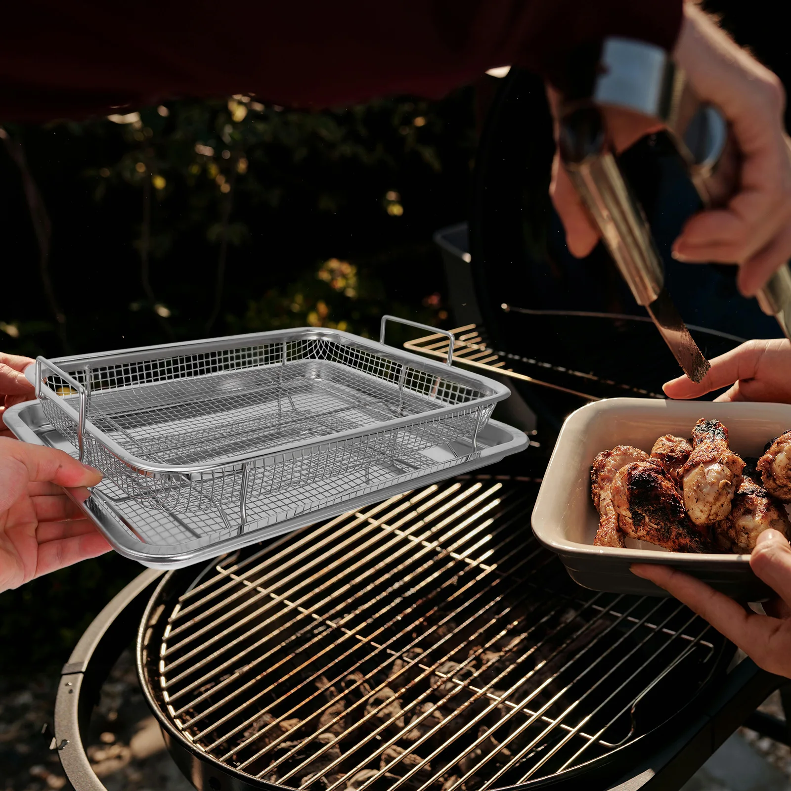 Afbeelding 5: 2 Stuks Rvs Bbq Mand Set Lucht Friteuse Oven Lade Braadpan Scherpende Mand Frietjes Kip Bacon Outdoor koken