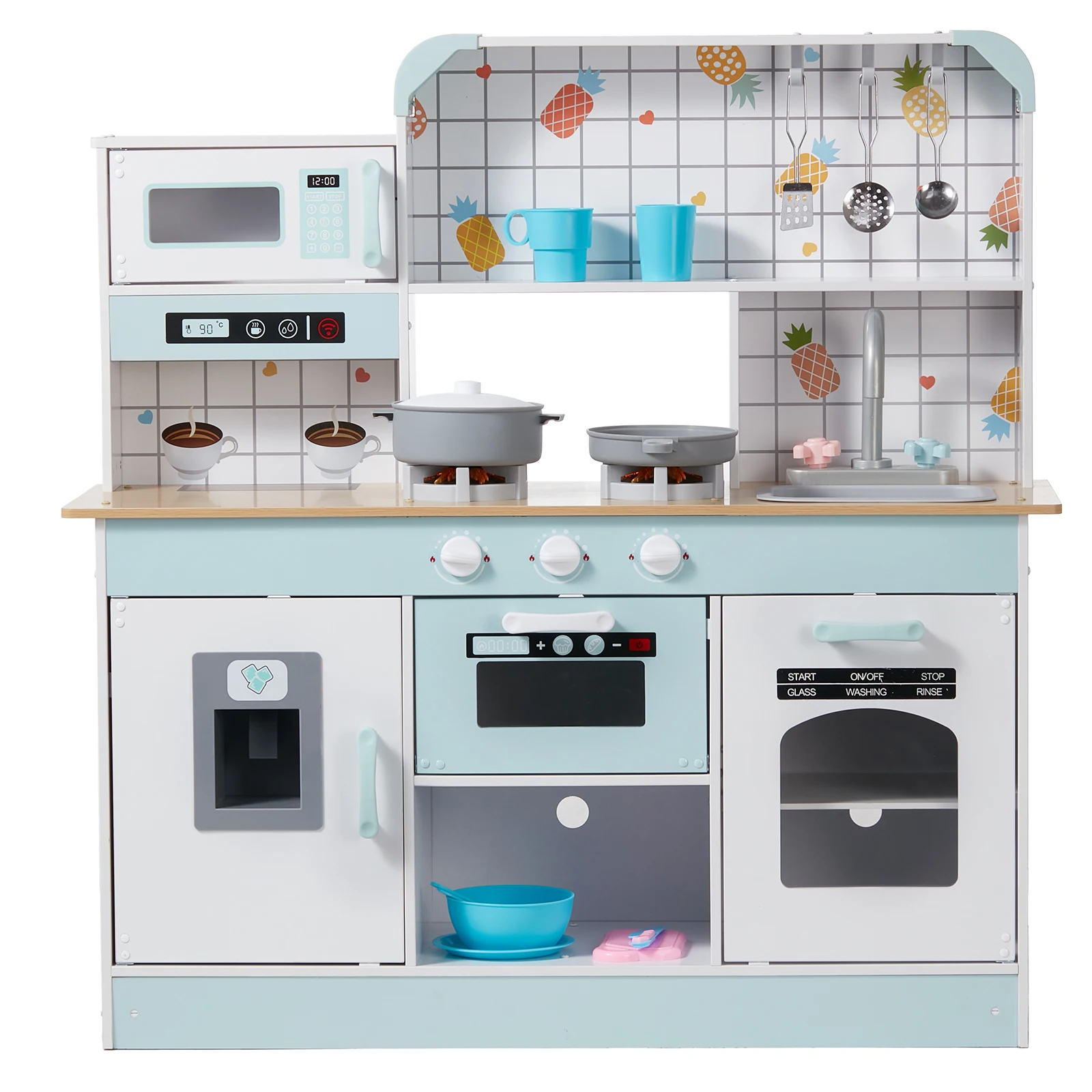 Play Kitchen for Kids, Fridge and Utensil and Fruit Accessory for Toddlers ages 3-8, White, Wooden Toy Kitchen Set with Lights and Sounds, Toddler Kitchen with Ice Maker, Oven, Sink, Microwaves