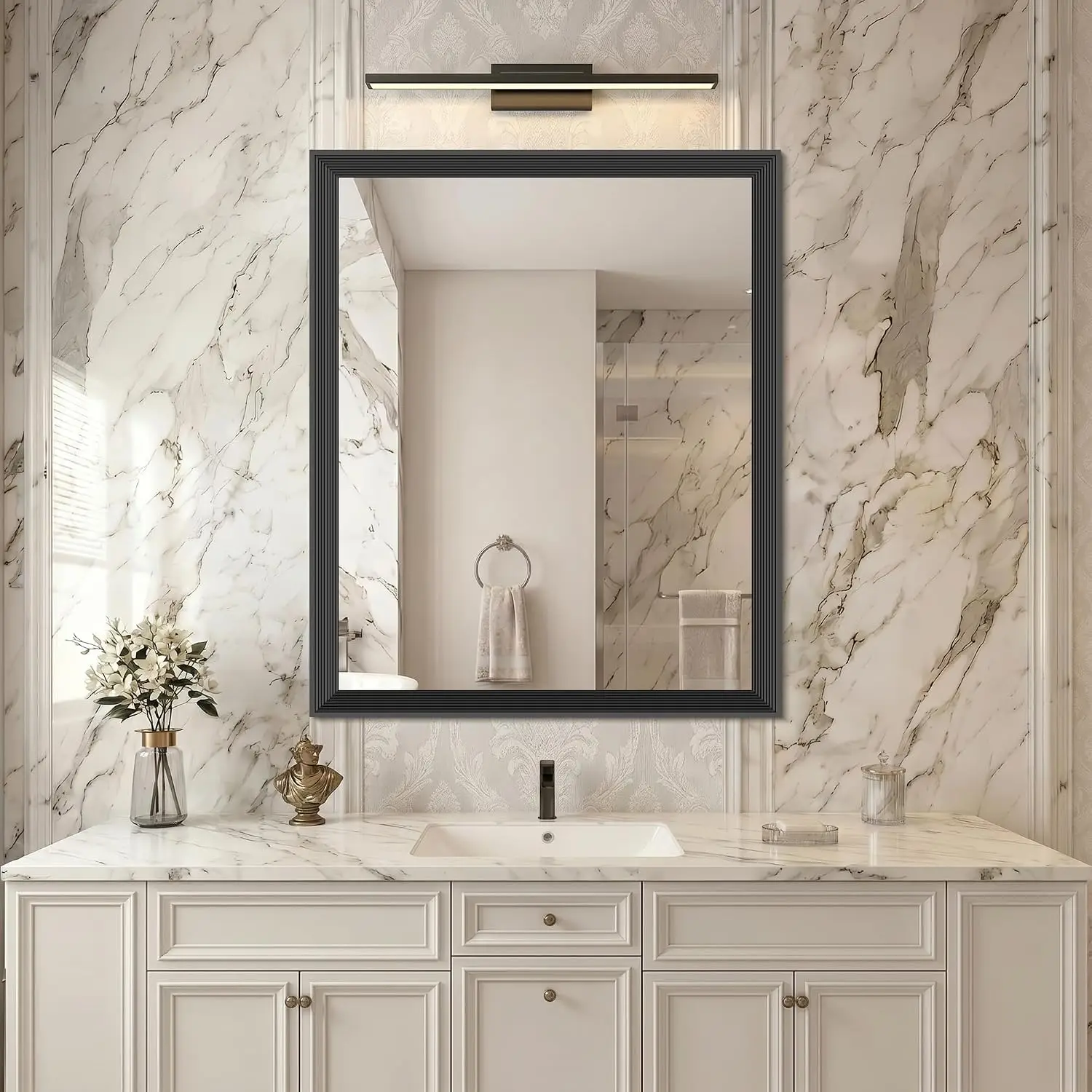 30X36 Inch Black Bathroom Mirror Decorative Wall Mirror Bedroom Living Room Dressing Room Modern Rectangle Tempered Glass Hangs