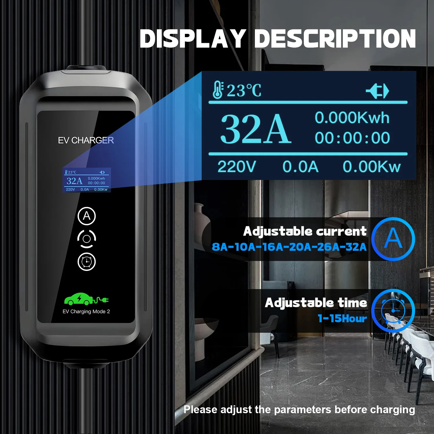 Kolanky EV Portable Charger GBT Plug Connector 32A 1Phase 7.2KW Total 5M Wallbox Charging Station for GBT Electric Vehicle
