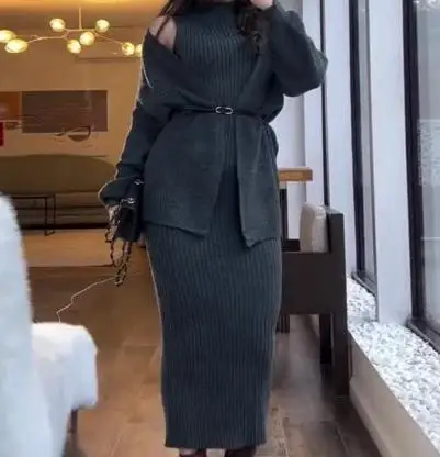 Autumn and Winter Elegant Women's Skirt Set Round Neck Long Sleeved Loose Jacket Tight Fitting Bodycon Dress Knitted Dress Set
