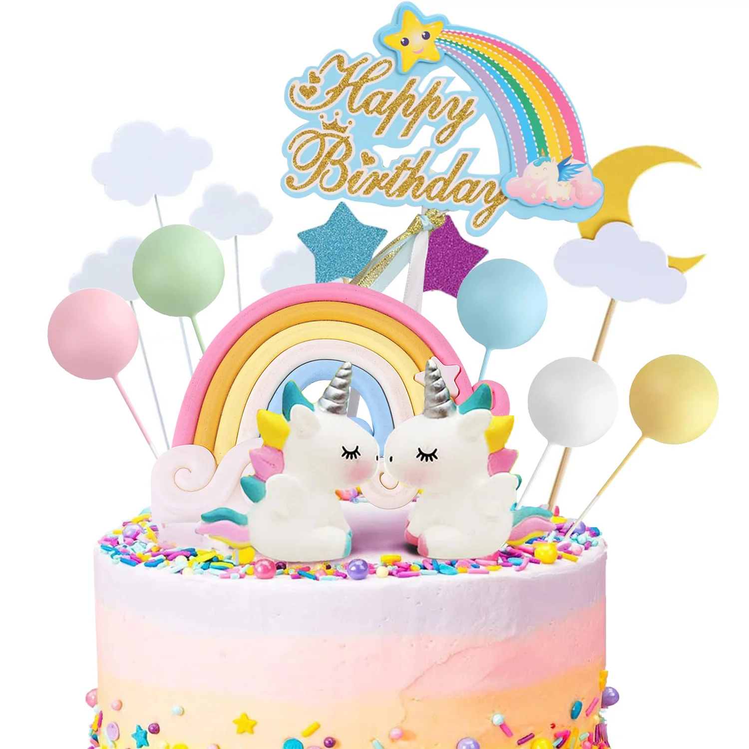 Einhorn Kuchen Topper Kit Stern Mond Wolke Regenbogen Ballon Alles Gute zum Geburtstag Banner Kuchen Dekoration für Junge Mädchen Kind Geburtstag Party