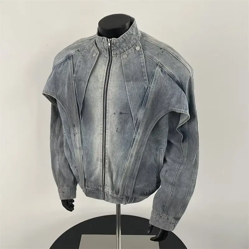 Denim Jacket Men's Coat 2026 Spring Autumn Vintage Distressed Denim Jacket Stand Collar Loose Cargo Streetwear Jacket