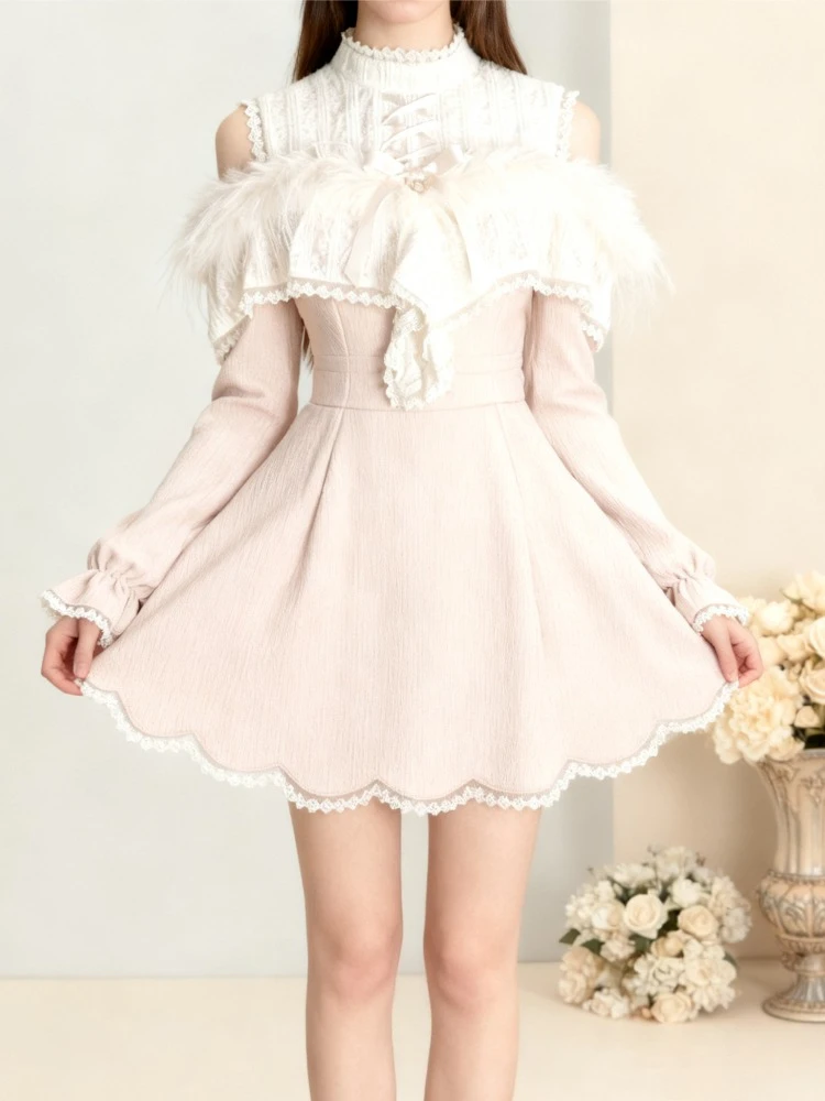 

Элегантное нежное платье во Франции, женское платье с облегающим плечом и талией, утягивающее кружевное платье, модная одежда на осень-зиму 2023 г.