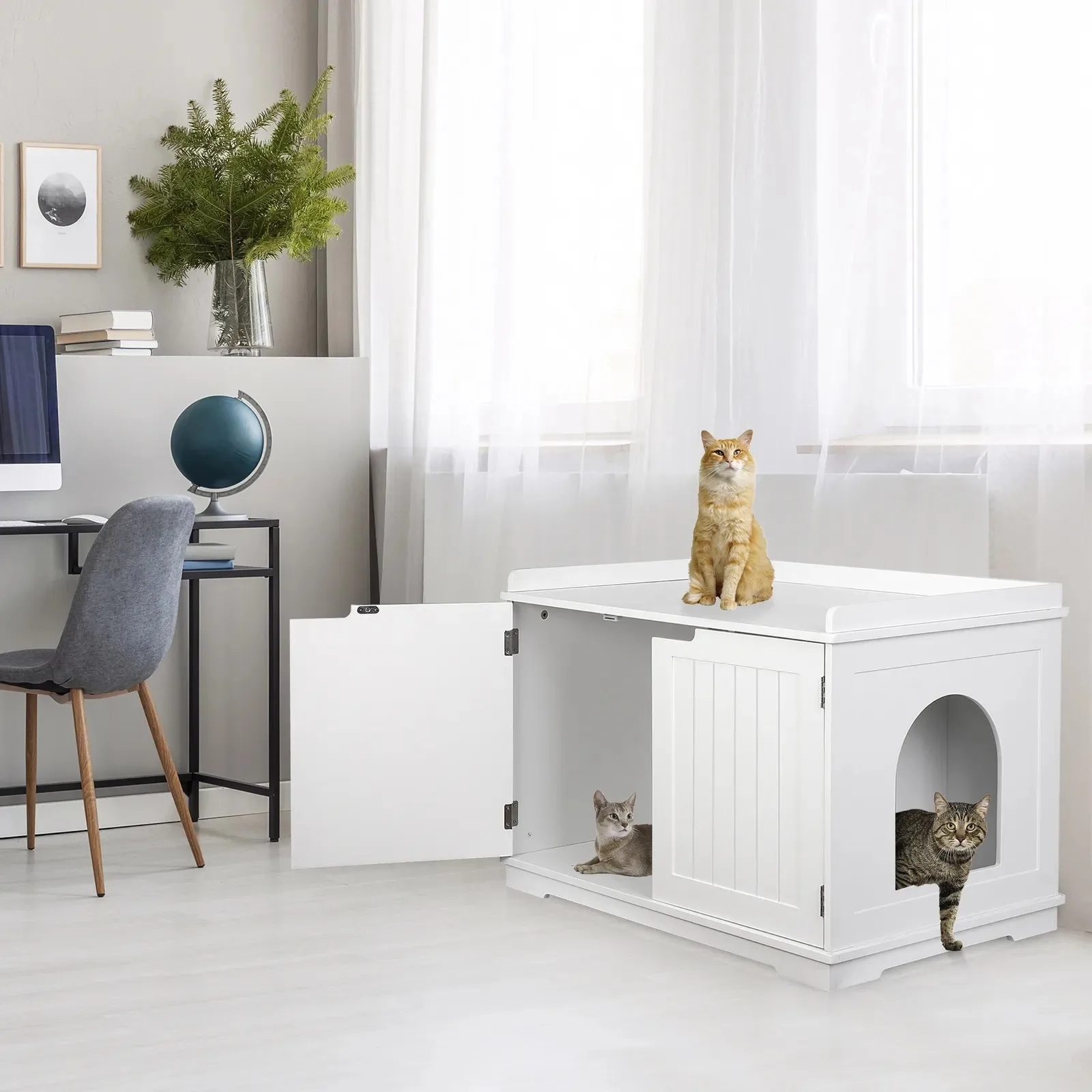 US Cat Litter Box Enclosure Cabinet Furniture Wooden Washroom Indoor Storage Bench