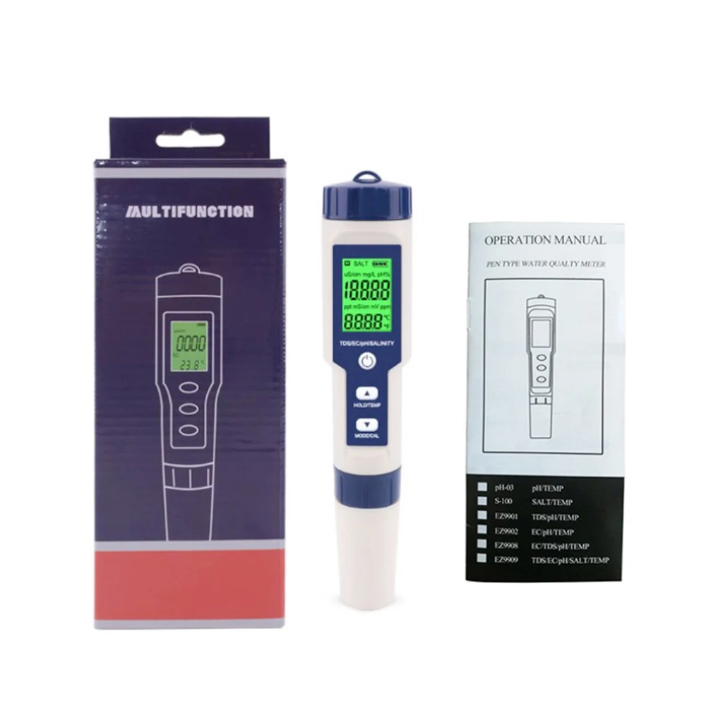 Imagem -06 - Digital Lcd Tester Qualidade da Água Monitor para Piscinas Aquários de Água Potável ph Tds ce Sal Temp ez 9909 Novo em 1