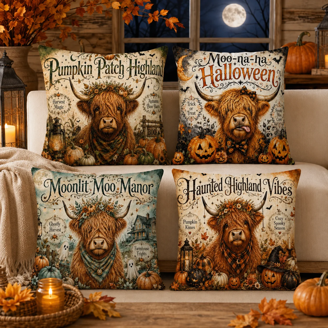 Highland Cow Boo Halloween Cushion Cover Double-Sided Plush Sofa Cushion Covers Organic Breathable Invisible Zipper