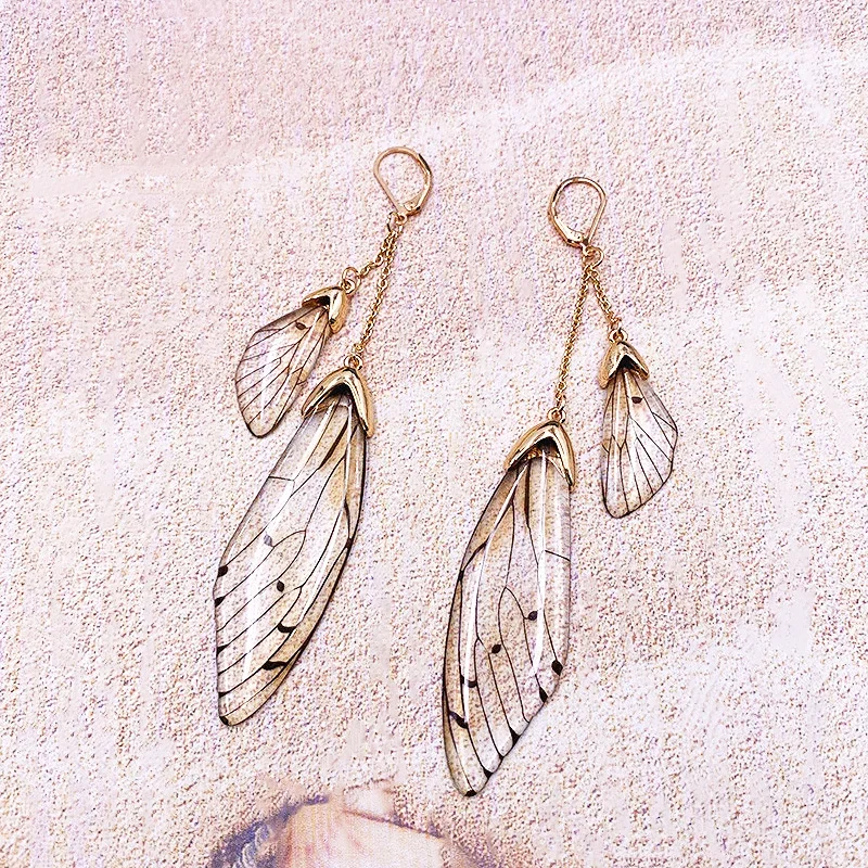 Handmade Fairy Simulation Double Wing Earrings Insect Butterfly Wing Drop Earrings Foil Crystal Earrings Sweet Wedding Jewelry