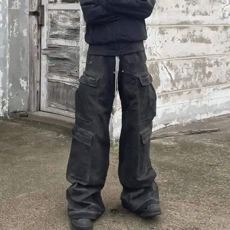 

2025 High Street Drawstring Zipper Sliced Wide Leg Cargo Pants Msn's Casual Loose Straight Trousers Loose Denim Pants 28W5963