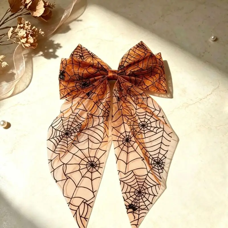 39BD Oversized Halloween Hair Bows with Mesh Layers and Long Ribbon Tails, 2Piece Mesh Bowknot Clip for Women Costume Photo