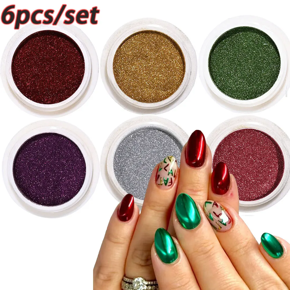 

6pcs/set Red Green Christmas Nail Chrome Powder Mirror Metalic Effect Glitter Nail Pigment Manicure Christmas Nail Decoration D6