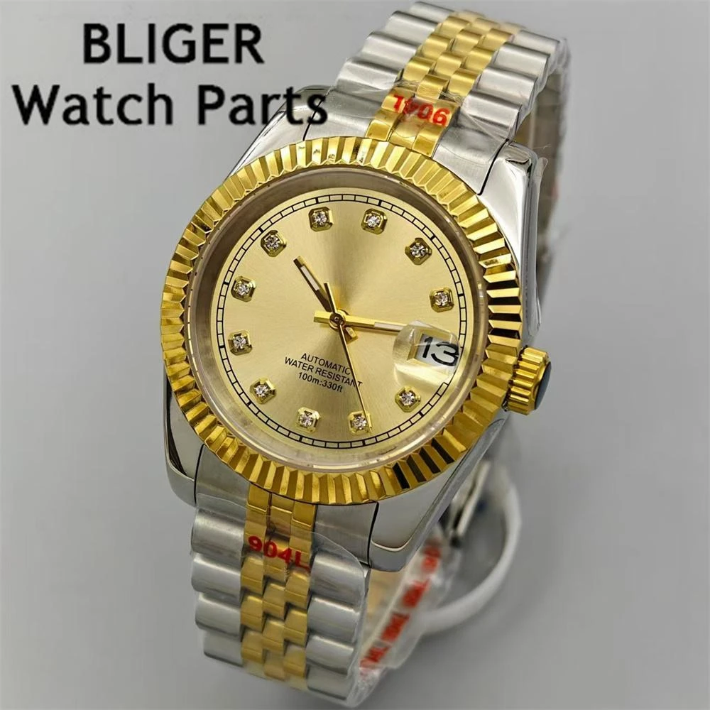 BLIGER 36mm/39mm Luxury Men Watches NH35 Automatic Silver Gold Case Gold Dial Diamond Blue AR Coated Glass Date Waterproof