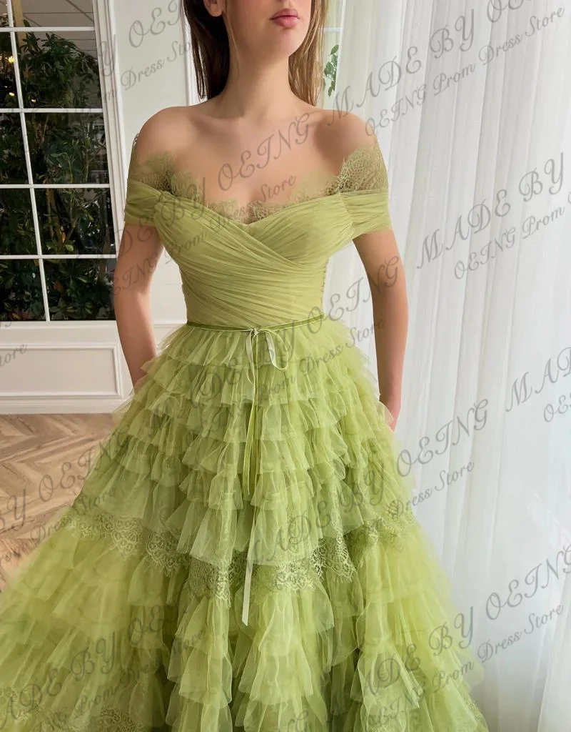 OEING Princess Off The Shoulder Prom Dresses Elegant Tulle Tiered Evening Gowns Formal Wedding Party Dress Vestidos De Gala