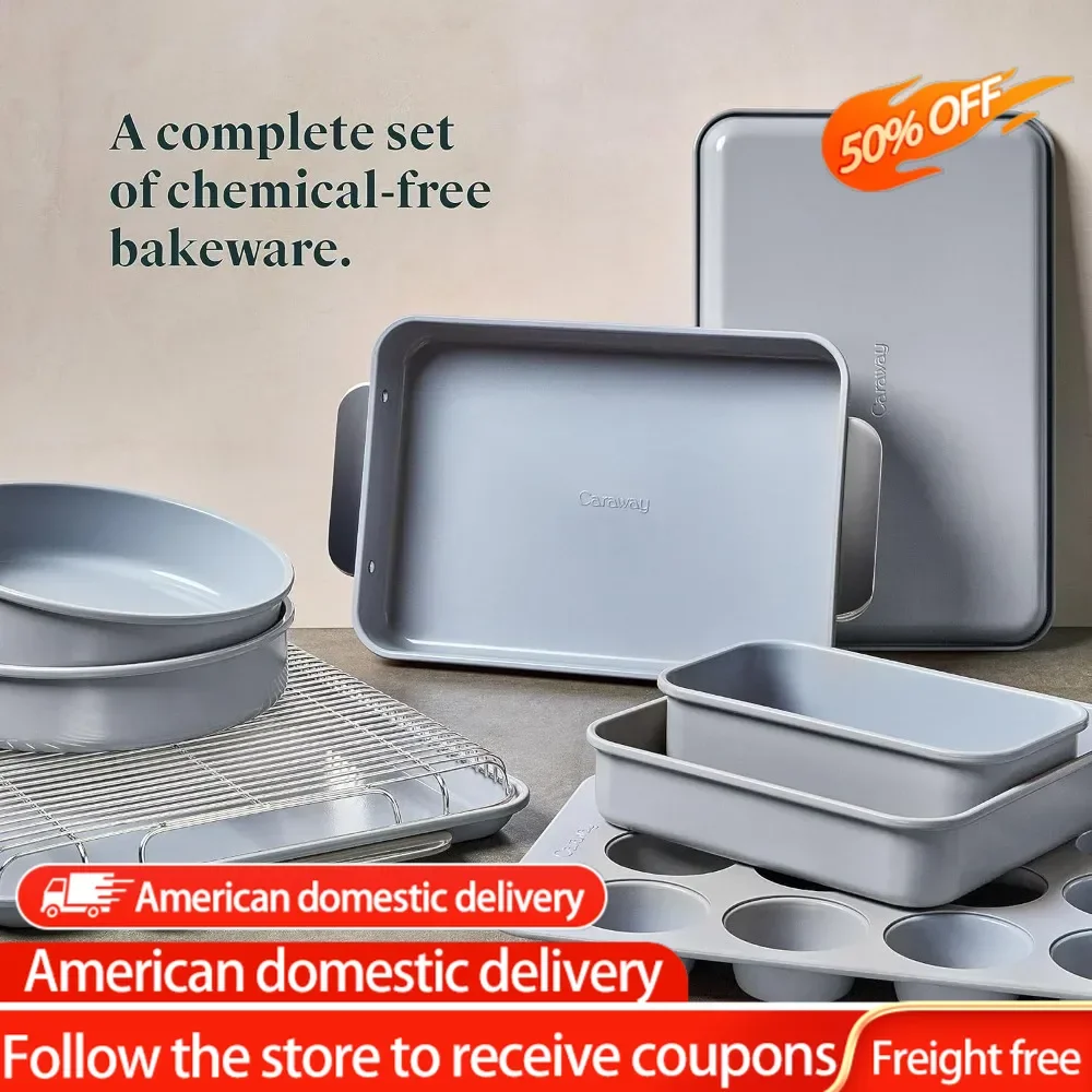 

Nonstick Ceramic Bakeware Set (11 Pieces) - Baking Sheets, Assorted Baking Pans, Cooling Rack, & Storage - Aluminized Steel Body