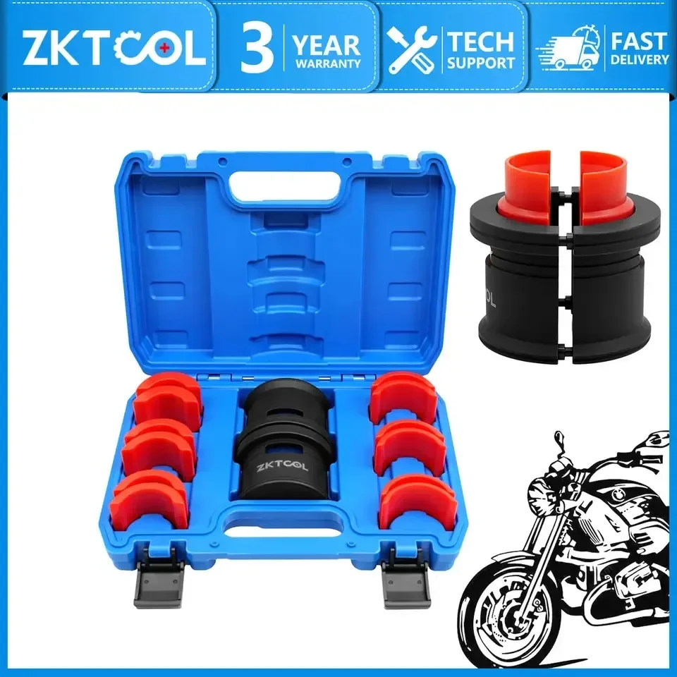 Motorrad-Gabeldichtungs-Einpresswerkzeug 35-50mm Universal Gabelöldichtungs-Montagewerkzeug aus Kohlenstoffstahl mit 6 Kunststoffadaptern und Aufbewahrungsbox für Motorräder und Fahrräder